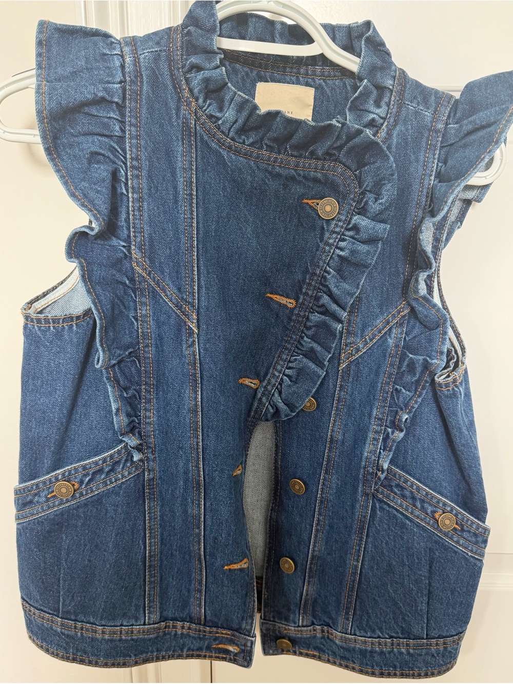 Sezane Dark Blue Ruffled Denim Vest XS